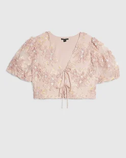 Pink 3D Floral Textured Puff Sleeve Top