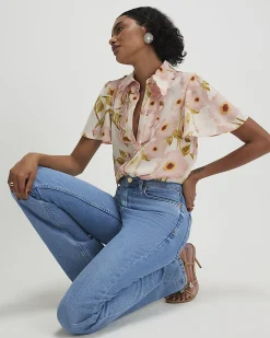 Pink Floral Angel Sleeve Scallop Trim Top