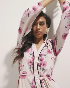 Pink Floral Long Sleeve Mini Shirt Dress