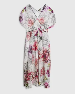 Pink Floral Printed Puff Sleeve Midi Dress