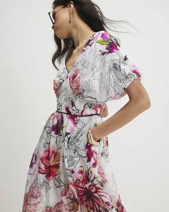 Pink Floral Printed Puff Sleeve Midi Dress