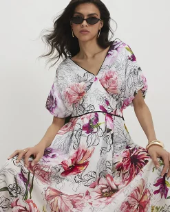Pink Floral Printed Puff Sleeve Midi Dress