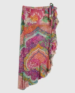 Pink Floral Printed Ruffle Beach Maxi Skirt