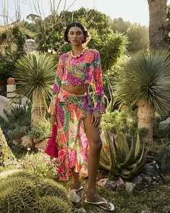 Pink Floral Printed Ruffle Beach Maxi Skirt