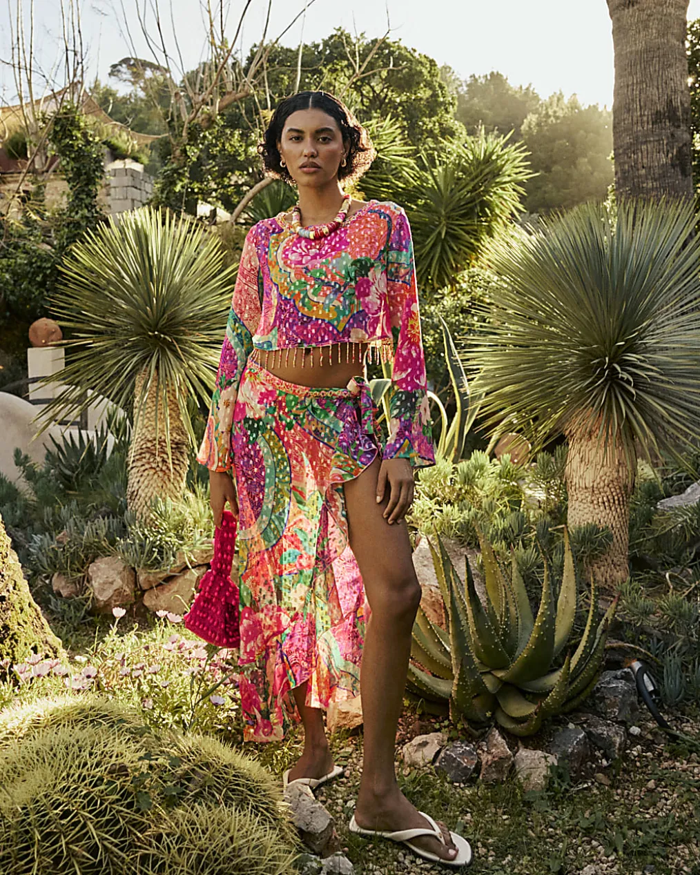 Pink Floral Printed Ruffle Beach Maxi Skirt
