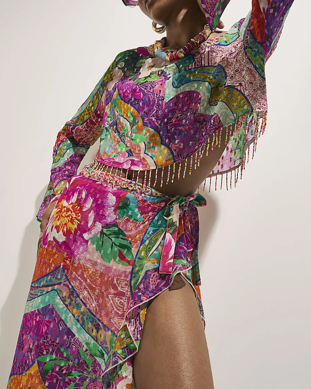 Pink Floral Printed Ruffle Beach Maxi Skirt