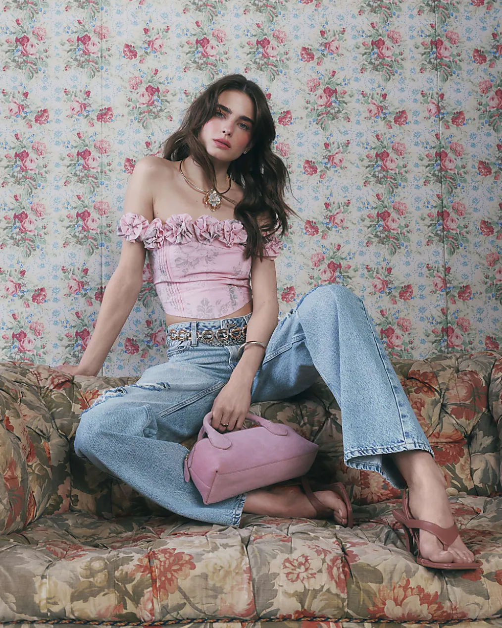 Pink Floral Sleeveless Bustier Corset Top