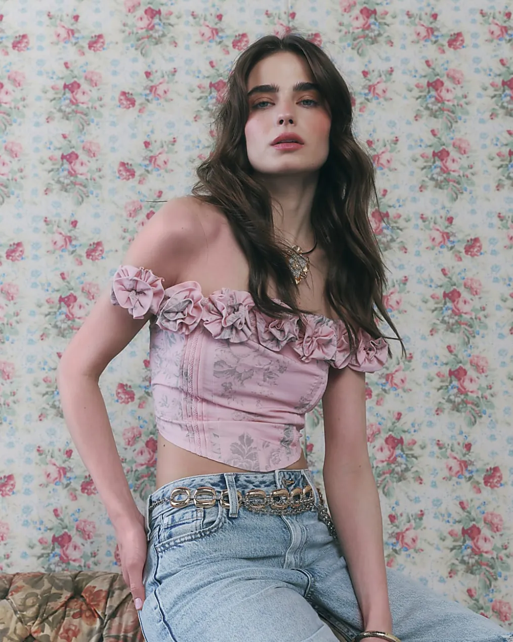 Pink Floral Sleeveless Bustier Corset Top