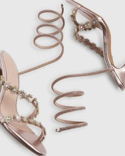 Pink Flower Embellished Wrap Heeled Sandals