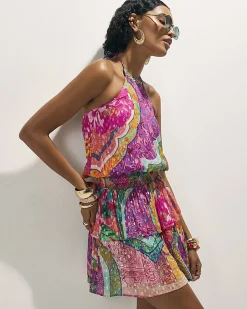 Pink Halter Shirred Waist Mini Dress