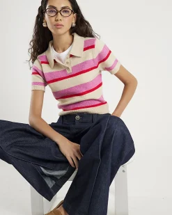 Pink Knit Striped Short Sleeve Polo Top