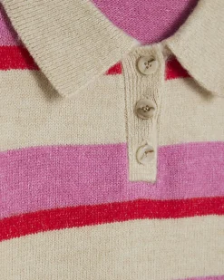Pink Knit Striped Short Sleeve Polo Top