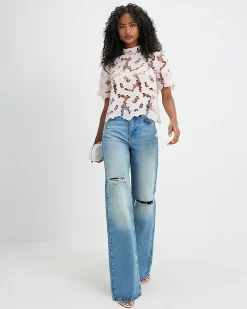 Pink Lace Short Sleeve Blouse