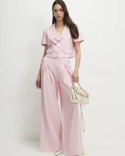 Pink Linen Blend Cropped Scallop Trim Jacket
