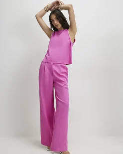 Pink Linen Blend Scallop Wide Leg Trousers