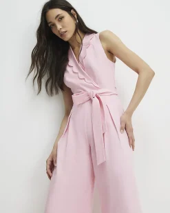 Pink Linen Blend Scallop Belted Jumpsuit
