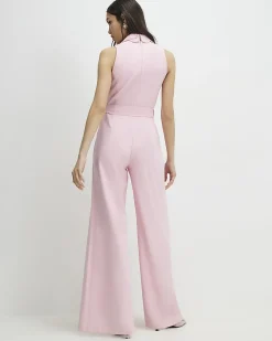 Pink Linen Blend Scallop Belted Jumpsuit