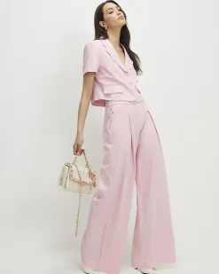 Pink Linen Blend Scalloped Wide Leg Trousers