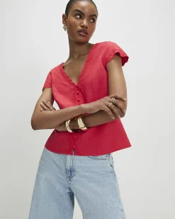 Pink Linen Lace Trim Top