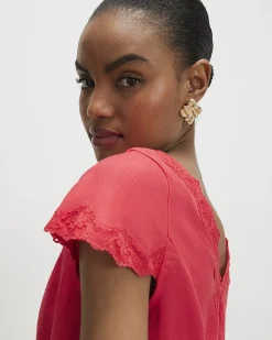 Pink Linen Lace Trim Top