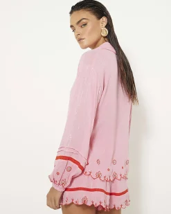 Pink Long Sleeve Embroidered Beach Shirt