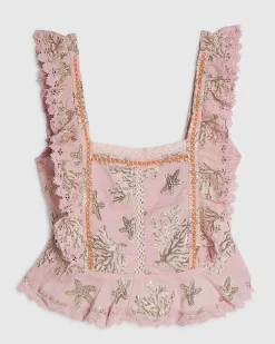 Pink Metallic Coral Print Ruffle Blouse