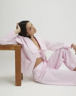 Pink Oversized Collar Striped Pyjama Set