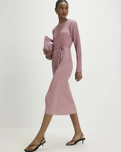 Pink Plisse Belted Midi Dress