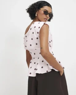 Pink Polka Dot Drape Peplum Top