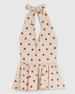 Pink Polka Dot Halter Neck Peplum Top