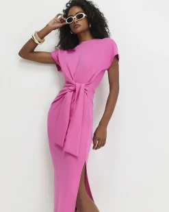 Pink Premium Short Sleeve Tie Side Midi Dress