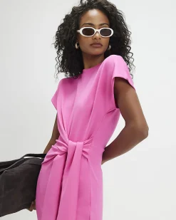Pink Premium Short Sleeve Tie Side Midi Dress
