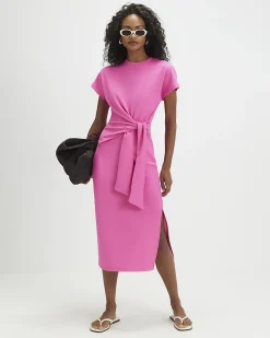Pink Premium Short Sleeve Tie Side Midi Dress