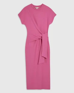 Pink Premium Short Sleeve Tie Side Midi Dress
