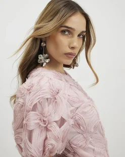 Pink Puff Sleeve 3D Floral Mini Dress