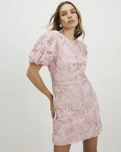 Pink Puff Sleeve 3D Floral Mini Dress