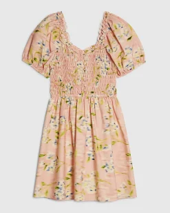Pink Puff Sleeve Floral Shirred Mini Dress
