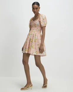 Pink Puff Sleeve Floral Shirred Mini Dress