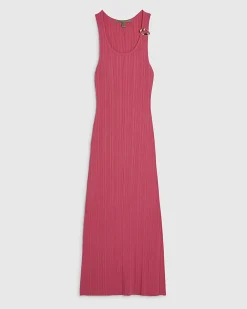 Pink Rib Knit Buckle Midi Dress
