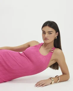 Pink Rib Knit Buckle Midi Dress