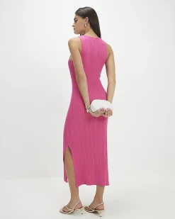 Pink Rib Knit Buckle Midi Dress