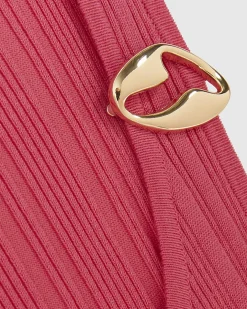 Pink Rib Knit Buckle Midi Dress
