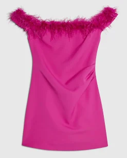Pink Satin Bardot Feather Trim Mini Dress