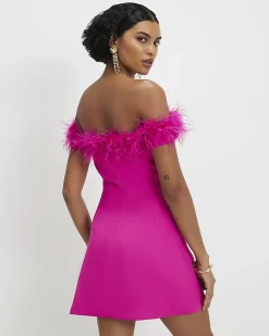 Pink Satin Bardot Feather Trim Mini Dress