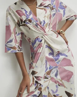 Pink Satin Floral Twist Front Midi Dress