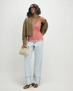 Pink Satin Lace Trim Cami