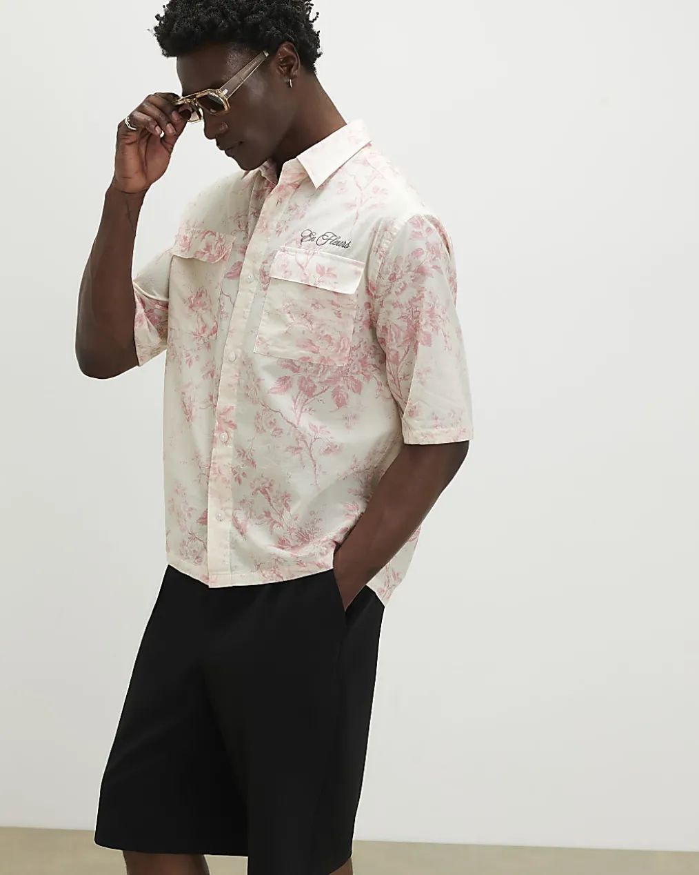 Pink Short Sleeve Floral Printed Cotton Shirt