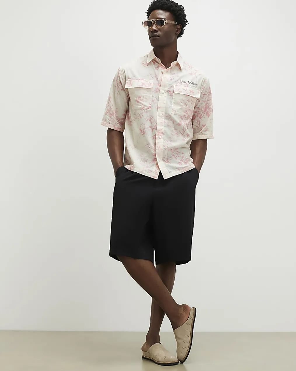 Pink Short Sleeve Floral Printed Cotton Shirt