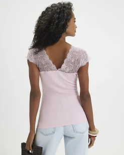 Pink Short Sleeve Lace Trim Ruched Top