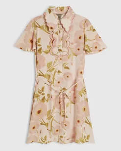 Pink Short Sleeve Scallop Floral Shirt Dress